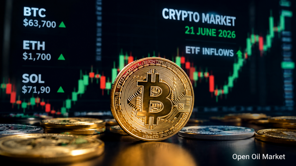 क्रिप्टोकरेन्सी की खबरें, रविवार, 21 जून 2026: Bitcoin $63–64 हजार बनाए रखता है, ETF बहाव और स्थिर कॉइनों का नियमन बाजार को स्वर देता है