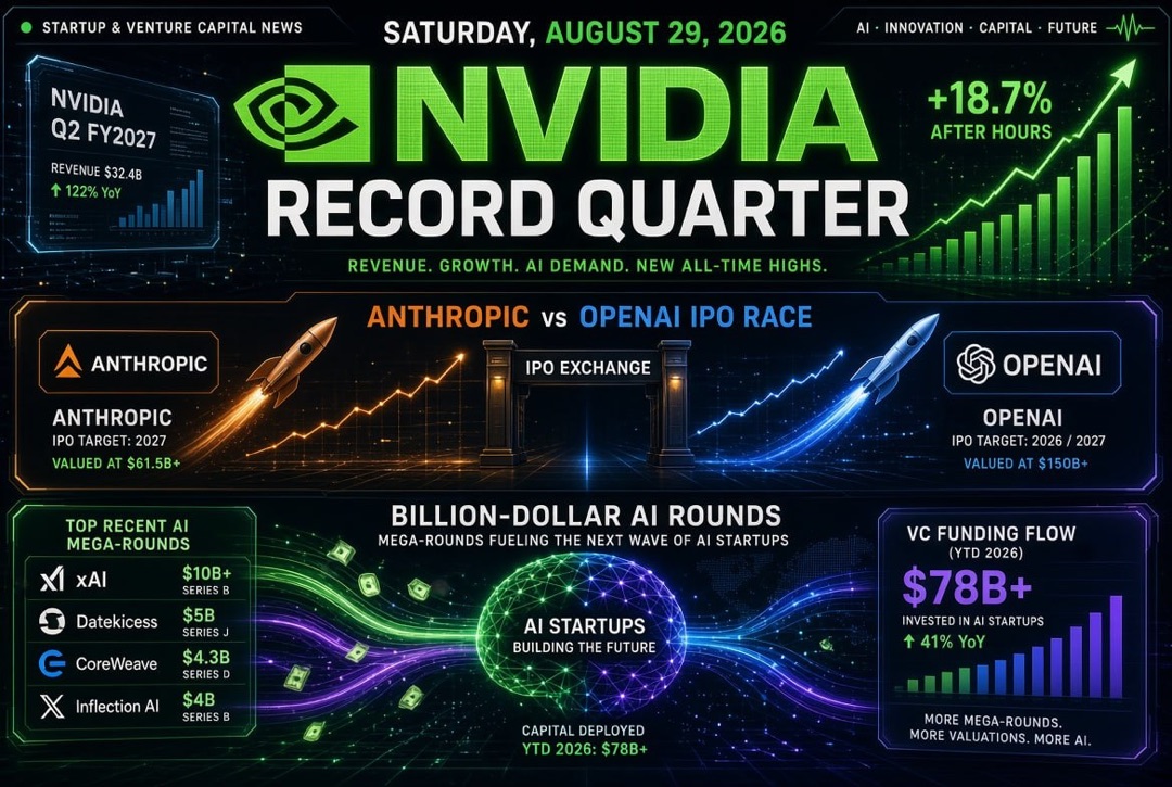 स्टार्टअप्स और वेंचर निवेश की खबरें — शनिवार, 29 अगस्त 2026: Nvidia का रिकॉर्ड तिमाही, एंथ्रोपिक और ओपनएआई की आईपीओ दौड़ और अरबों डॉलर के एआई राउंड