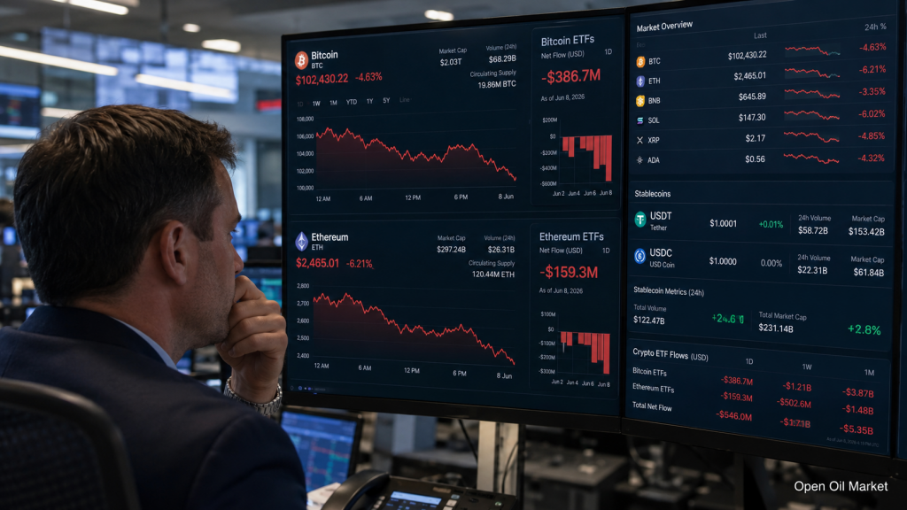 क्रिप्टोकरेंसी बाजार 8 जून 2026: Bitcoin दबाव में, Ethereum में गिरावट, स्टेबलकॉइन मजबूत स्थिति में