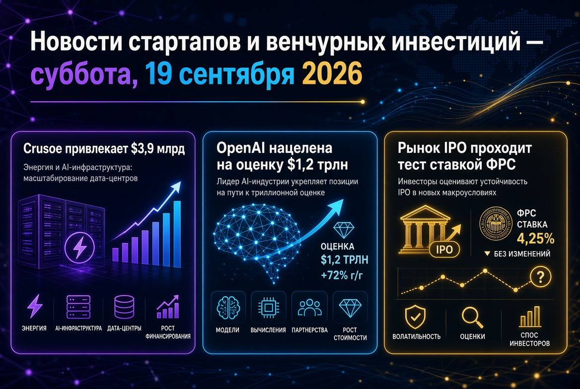 स्टार्टअप और उद्यम पूंजी समाचार - शनिवार, 19 सितंबर 2026: क्रूसे $3.9 बिलियन जुटाता है, ओपनएआई $1.2 ट्रिलियन के मूल्यांकन पर लक्ष्य रखती है, आईपीओ बाजार फेडरल रिजर्व की दर के द्वारा परीक्षण में है।