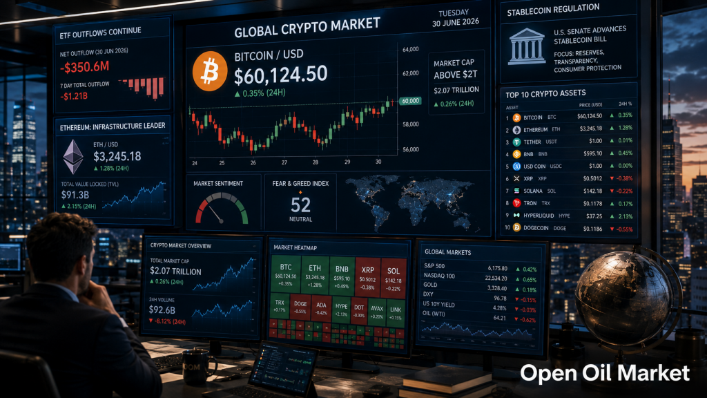 क्रिप्टोक्यूरेंसी बाजार 30 जून 2026: Ethereum, Solana, XRP, BNB, USDT, USDC और ETF निकासी