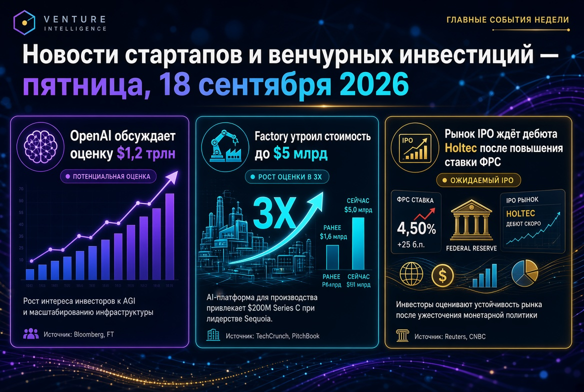 स्टार्टअप और वेंचर निवेश समाचार — शुक्रवार, 18 सितंबर 2026: OpenAI $1.2 ट्रिलियन का मूल्यांकन, फैक्टरी ने $5 बिलियन की कीमत पर पहुँच बनाई, IPO बाजार होल्टेक के डेब्यू की प्रतीक्षा कर रहा है।