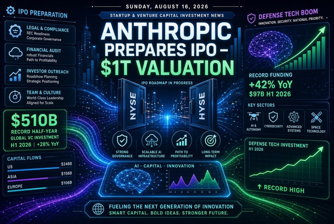स्टार्टअप और वेंचर निवेश समाचार — रविवार, 16 अगस्त 2026: Anthropic $1 ट्रिलियन का आईपीओ तैयार कर रहा है, आधे वर्ष में रिकॉर्ड $510 अरब और रक्षा प्रौद्योगिकी का उछाल।