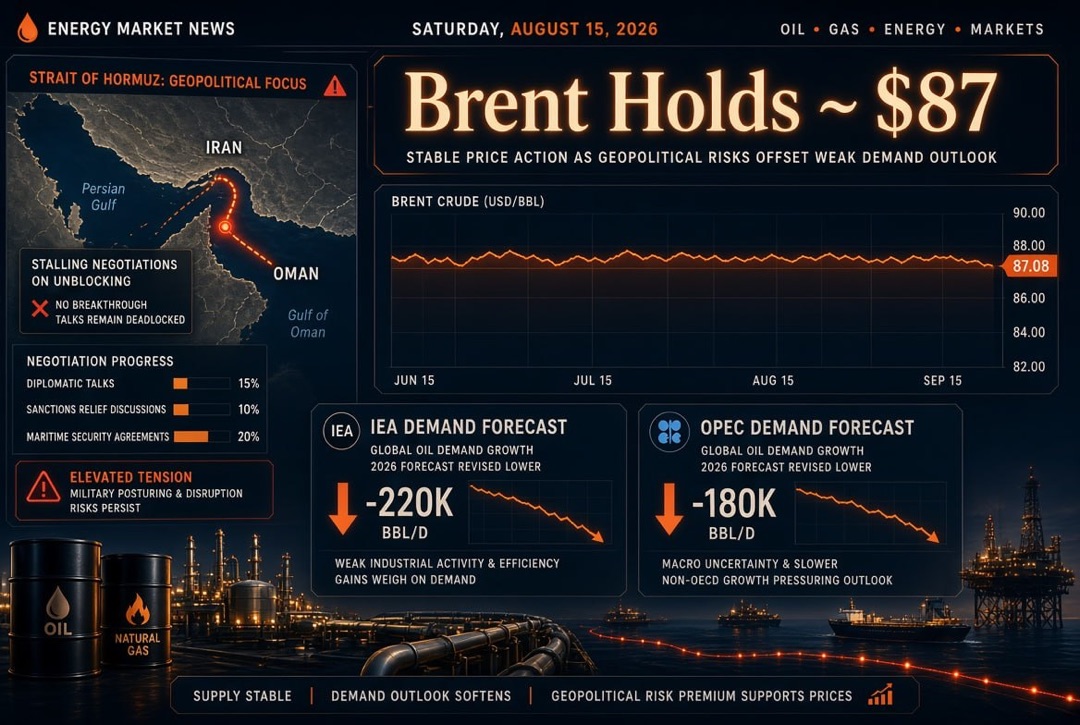 तेल-गैस और ऊर्जा की खबरें - शनिवार, 15 अगस्त 2026: ब्रेंट $87 पर ठहरता है होर्मुज जलडमरूमध्य के प्रयासों के साथ; IEA और OPEC की मांग की भविष्यवाणियाँ कम होती हैं
