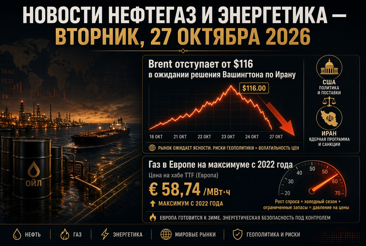 तेल और गैस समाचार — मंगलवार, 27 अक्टूबर 2026: ब्रेंट $116 से नीचे, ईरान पर वाशिंगटन के निर्णय की प्रतीक्षा, 2022 से उच्चतम यूरोपीय गैस